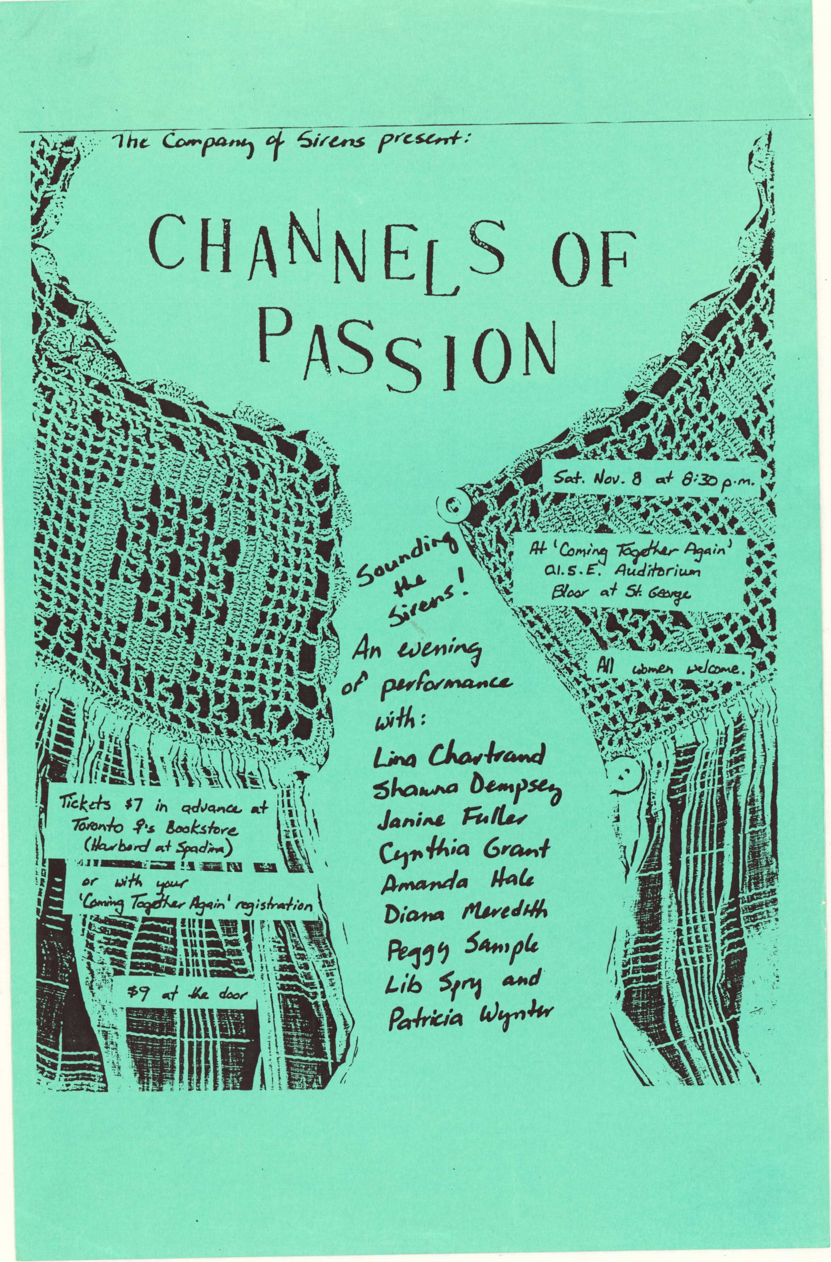 Poster for The Company of Sirens: Channels of Passion, an evening of performance and part of "Coming Together Again" at the Ontario Institute for Studies in Education (OISE).