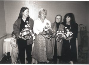 Photo taken at event to celebrate appointments of labour and feminist activists Sue Genge, Geri Sheedy, Janis Sarra, and Wendy Cuthbertson to the Ontario Equal Pay Commission and Tribunal.