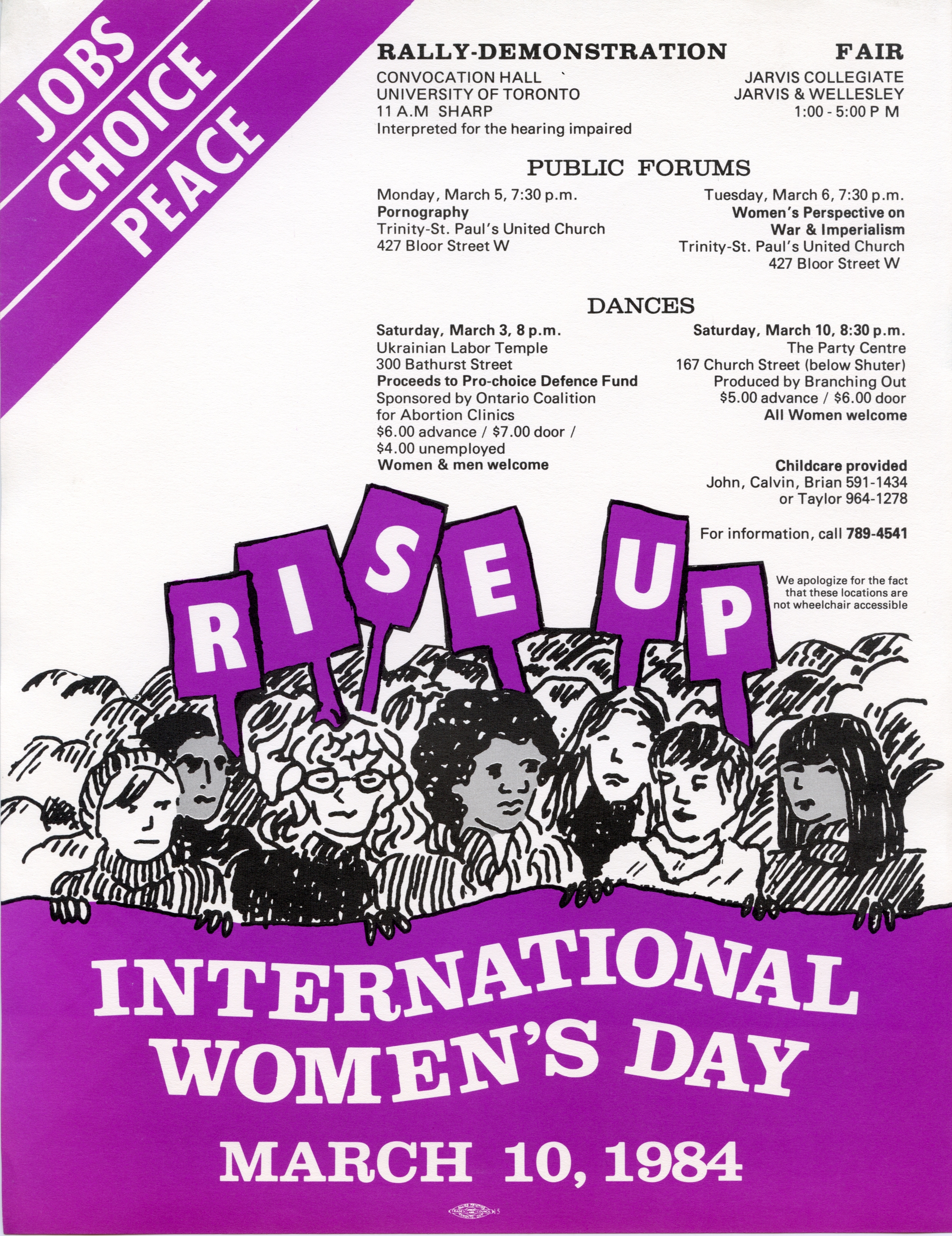 The poster for the annual 1984 IWD march and rally in Toronto presents the core issues for that year: peace, jobs and reproductive choice.