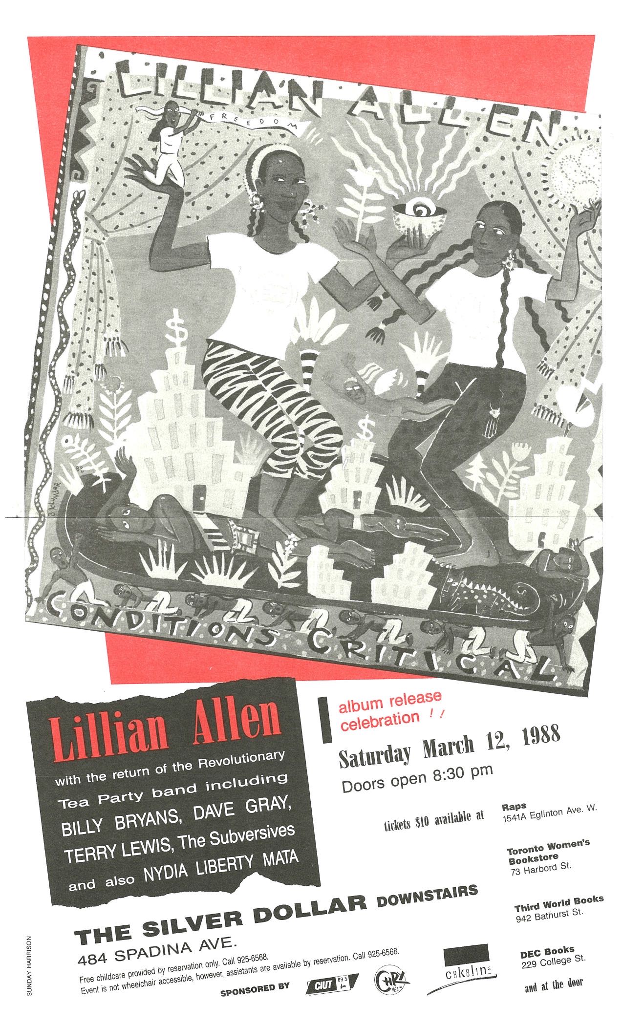 This poster is for the celebration held for the 1988 release of Lillian Allen's album Conditions Critical. A well-known artist and activist, Allen received the Juno Award for Best Reggae/Calypso Album for Conditions Critical, as well as for her earlier release Revolutionary Tea Party.
