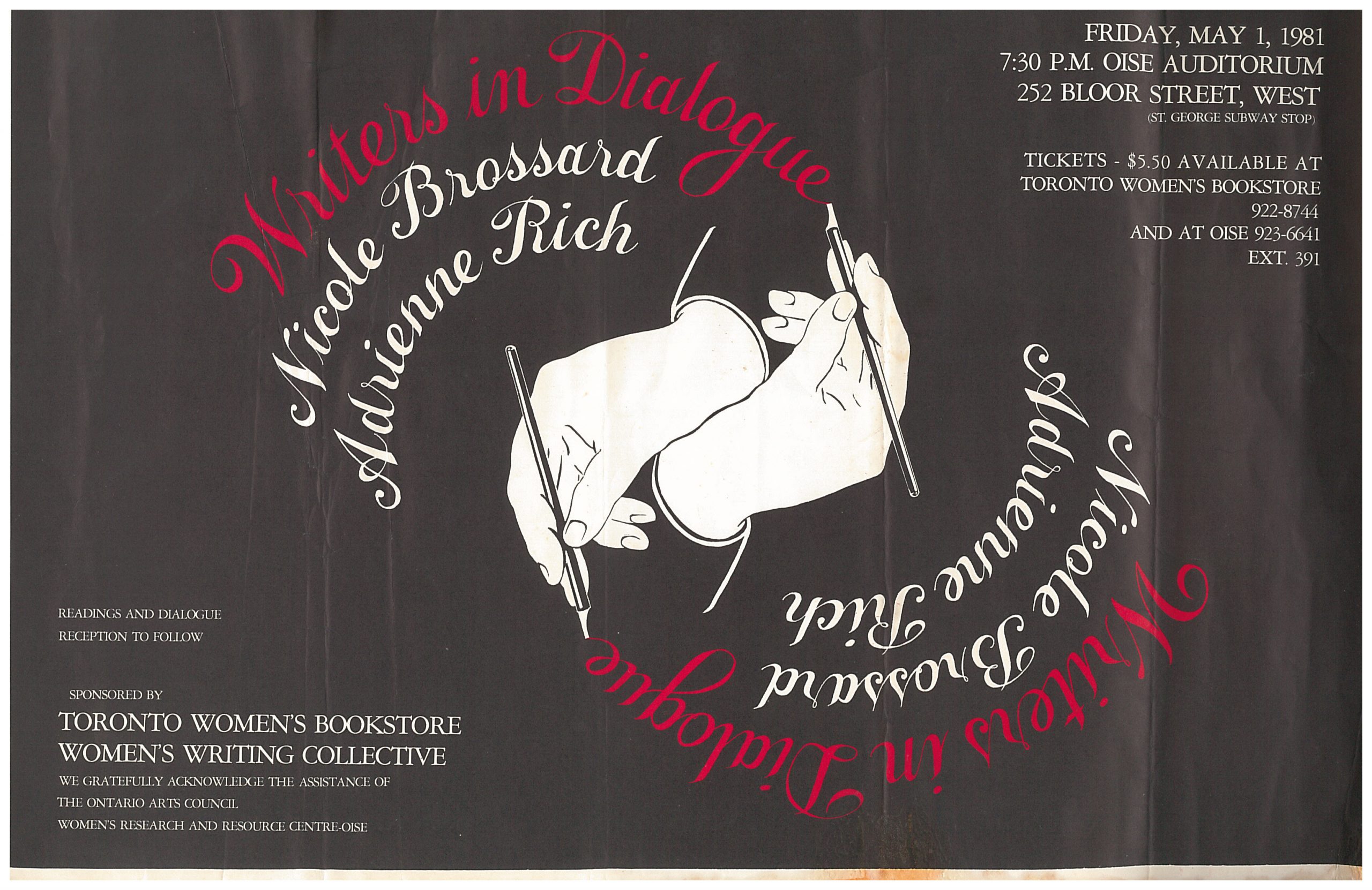 This poster advertises the Writers in Dialogue event held in Toronto on May 1, 1981 and sponsored by the Toronto Women's Bookstore and Women's Writing Collective.